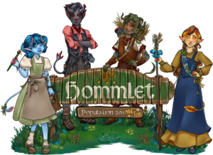 The Tea-flingers in front of the Hommlet town sign